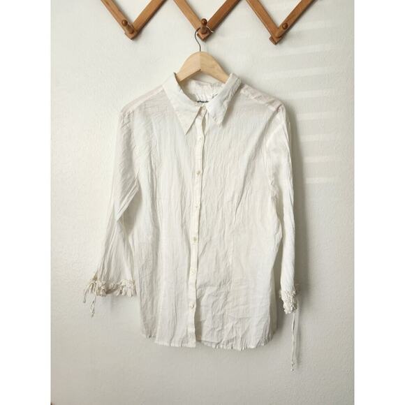 Vtg Michael Simon‎ womens white crinkle ruffle tie cuff button up top XL - Picture 1 of 5